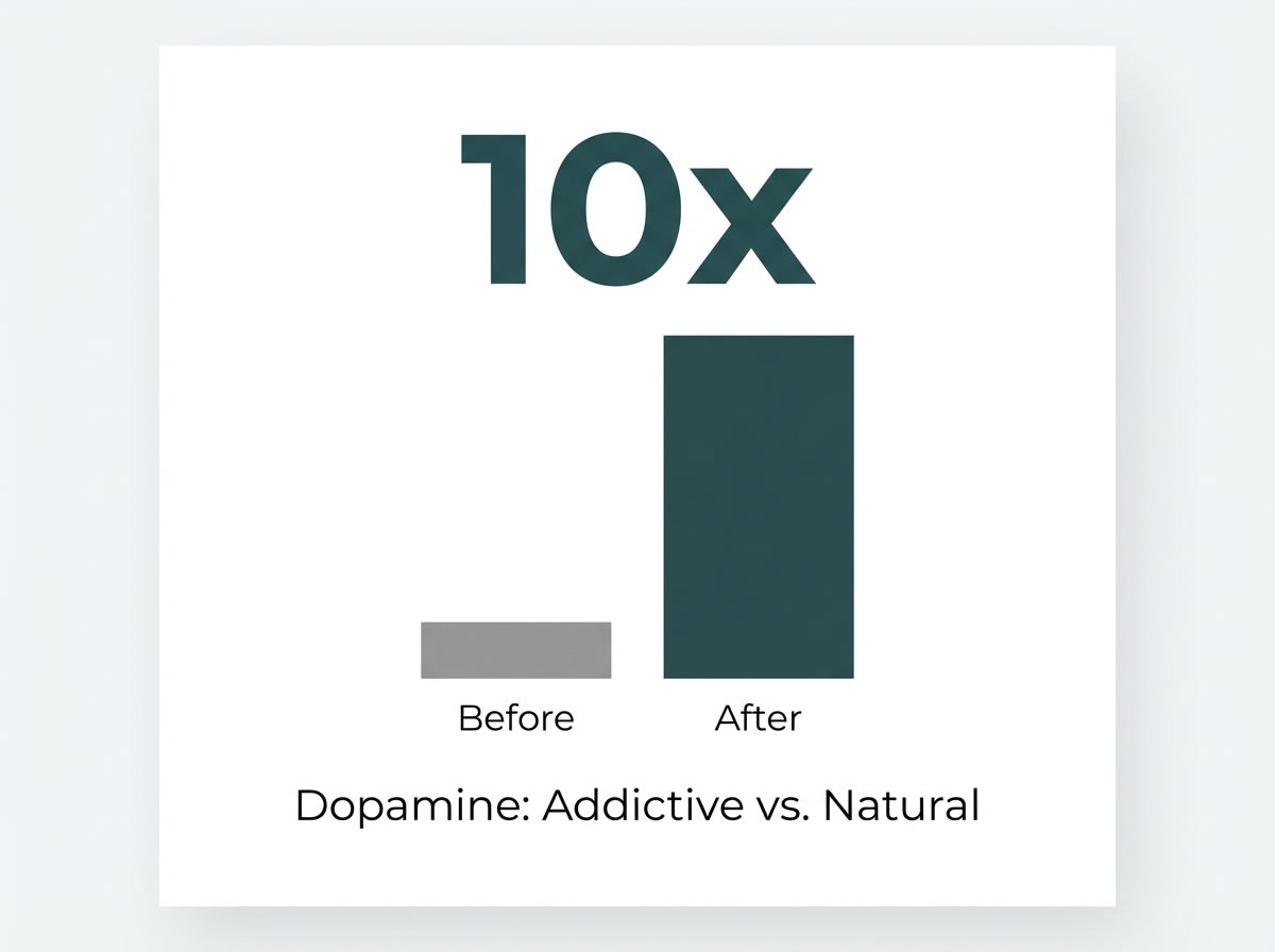 Infographic showing Dopamine Release from Addictive Substances vs. Natural Rewards: 10x